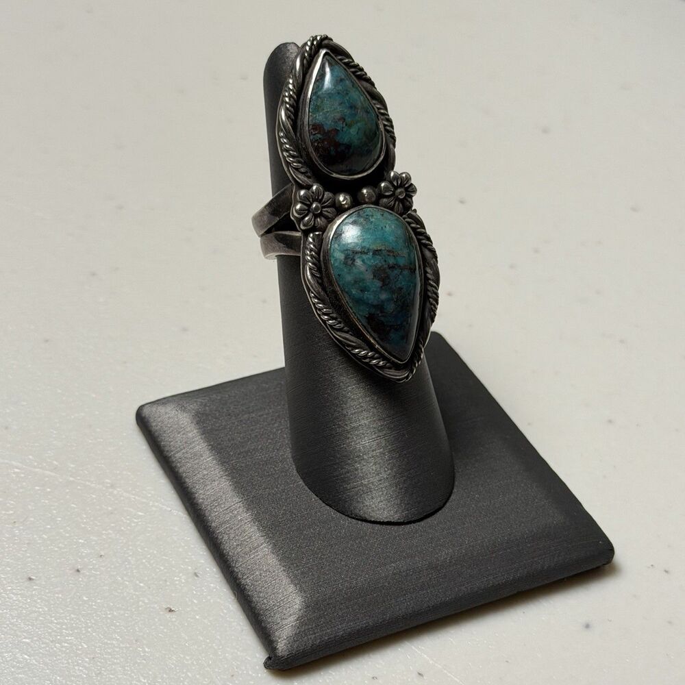 Vintage Signed Southwestern Statement Chrysocola Sterling Size 6.25 Ring - Picture 2 of 5